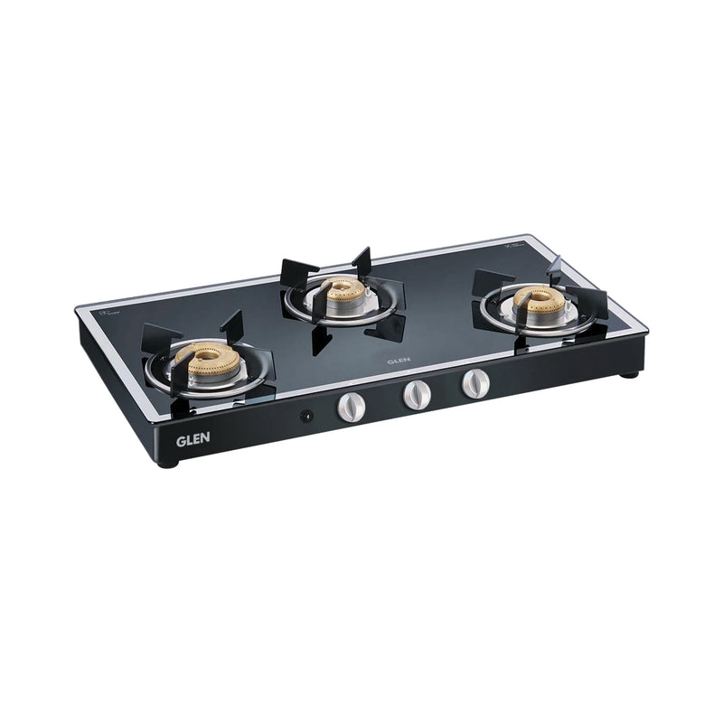 3 Burner Mirror Finish Glass Gas Stove with High Flame Forged Brass Burner Black (CT1038GTFBMBL) - Manual/Auto Ignition