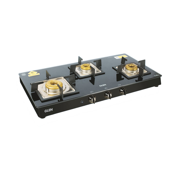 3 Burner Black Glass Gas Stove with High Flame Forged Brass Burner (1038 SQ BL FB) - Manual/Auto Ignition