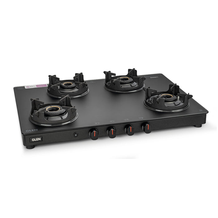 4 Burner Matt Finish Glass Gas Stove with High Flame Brass Burner, Crown Pan Supports - Manual/Auto Ignition (CT1048SLCPBLMG)