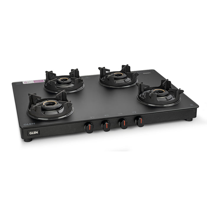 4 Burner Matt Finish Glass Gas Stove with High Flame Brass Burner, Crown Pan Supports - Manual/Auto Ignition (CT1048SLCPBLMG)