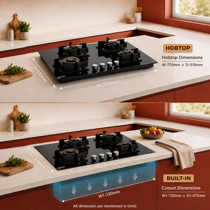 4 Burner DFVS Glass Hob with 2 Triple Ring Forged Brass Burners Auto Ignition (BH1074DFHT2TR77)