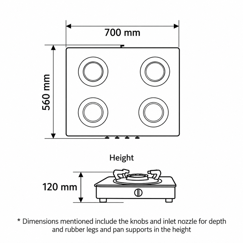 4 Burner Matt Finish Glass Gas Stove with High Flame Brass Burner, Crown Pan Supports - Manual/Auto Ignition (CT1048SLCPBLMG)