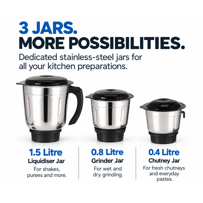Mixer Grinder 650W with 3 Stainless Steel Liquidiser, Grinder and Chutney Jars - (SA4024JAR3)