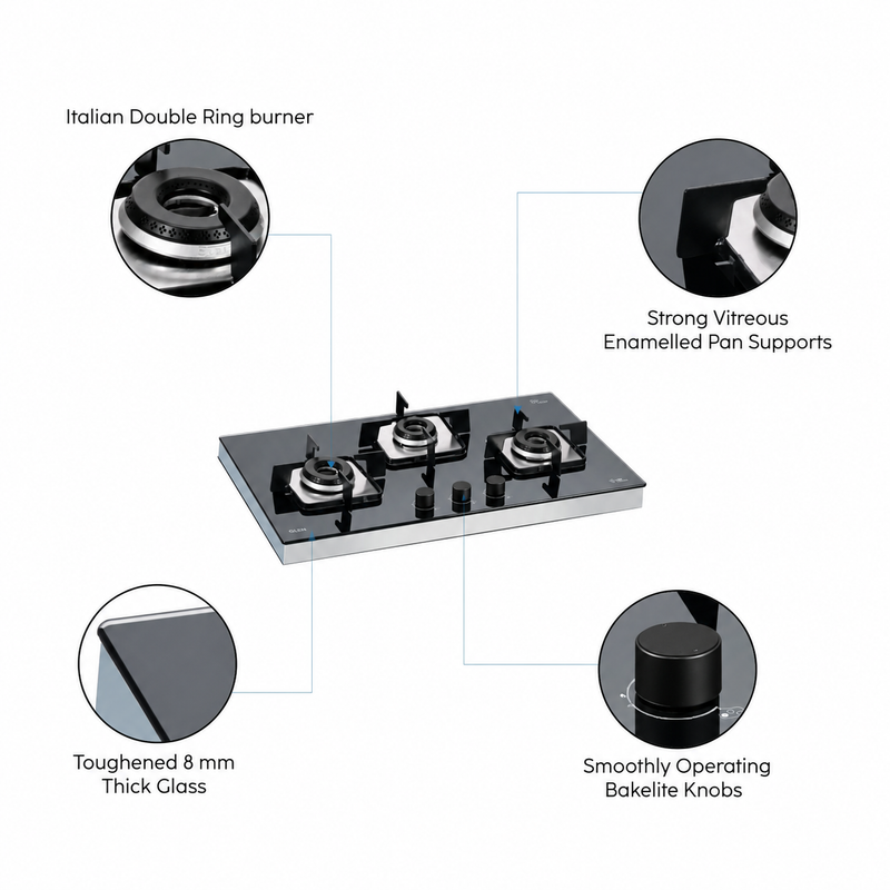 3 Burner Glass Hob Top SS Frame Italian Double Ring Burner Auto Ignition (1073 SQF IN)
