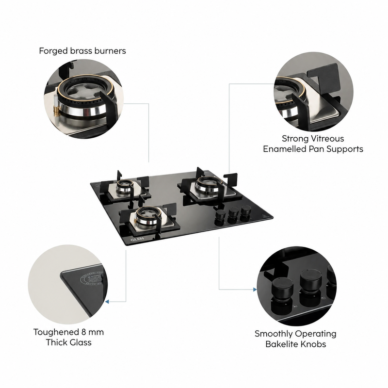 3 Burner Built in Glass Hob with Double Ring Forged Brass Burner Auto Ignition (1063 SQ DB)