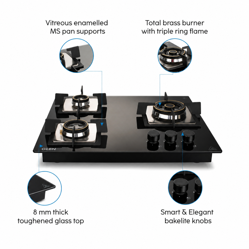 3 Burner Glass Hob Top with Triple Ring Burner Double Ring Forged Brass Burners Auto Ignition (1063 SQ HT DB TR)