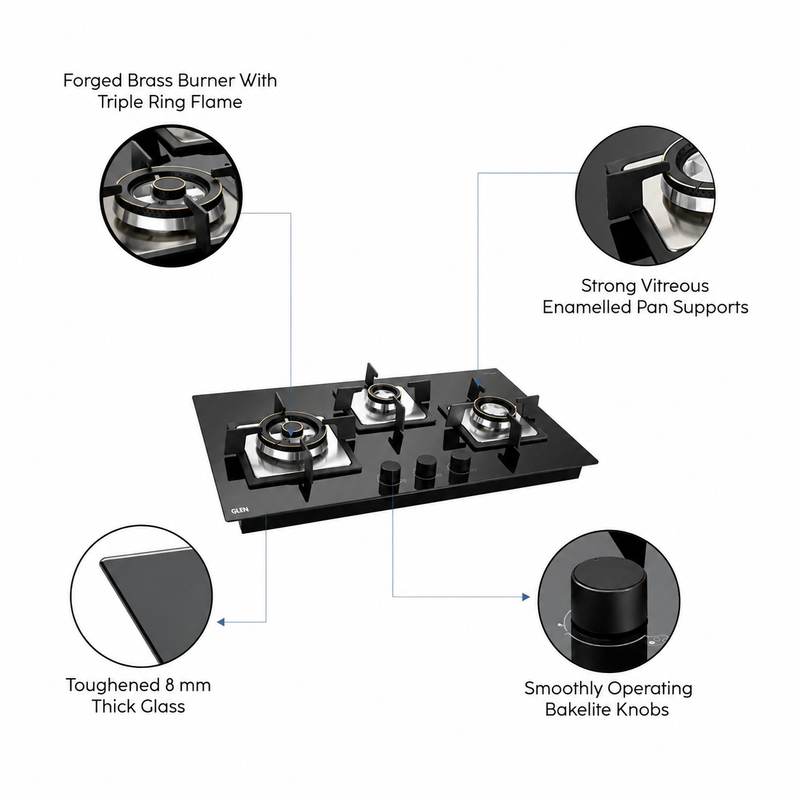 3 Burner Glass Hob Top Triple Ring Burner Double Ring Forged Brass Burners Auto Ignition (1073 SQHTDBTR)