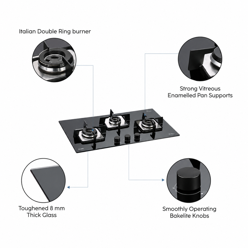 3 Burner Built in Glass Hob with Italian Double Ring Burners Auto Ignition (1073 SQ IN)