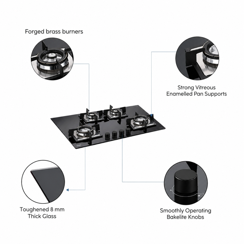 4 Burner Built-in Glass Hob with Forged Brass Double Ring Burner Auto Ignition (1074 SQ DB)