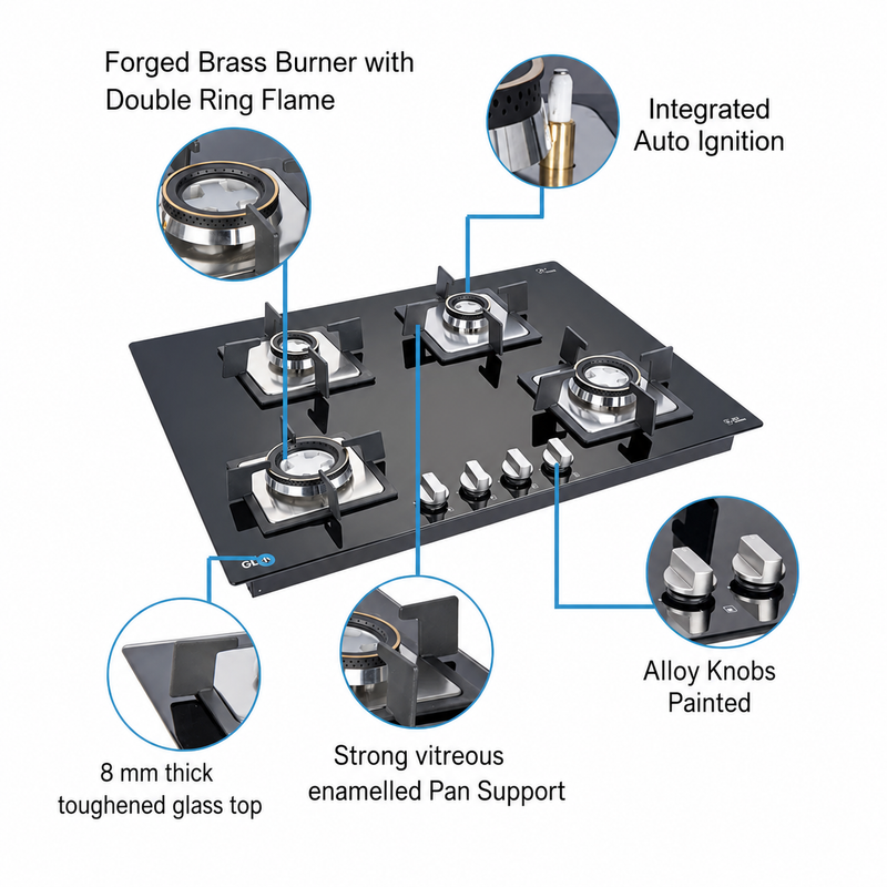 4 Burner Glass Hob Top with Double Ring Forged Brass Burner Auto Ignition (4B70SQHTDB)