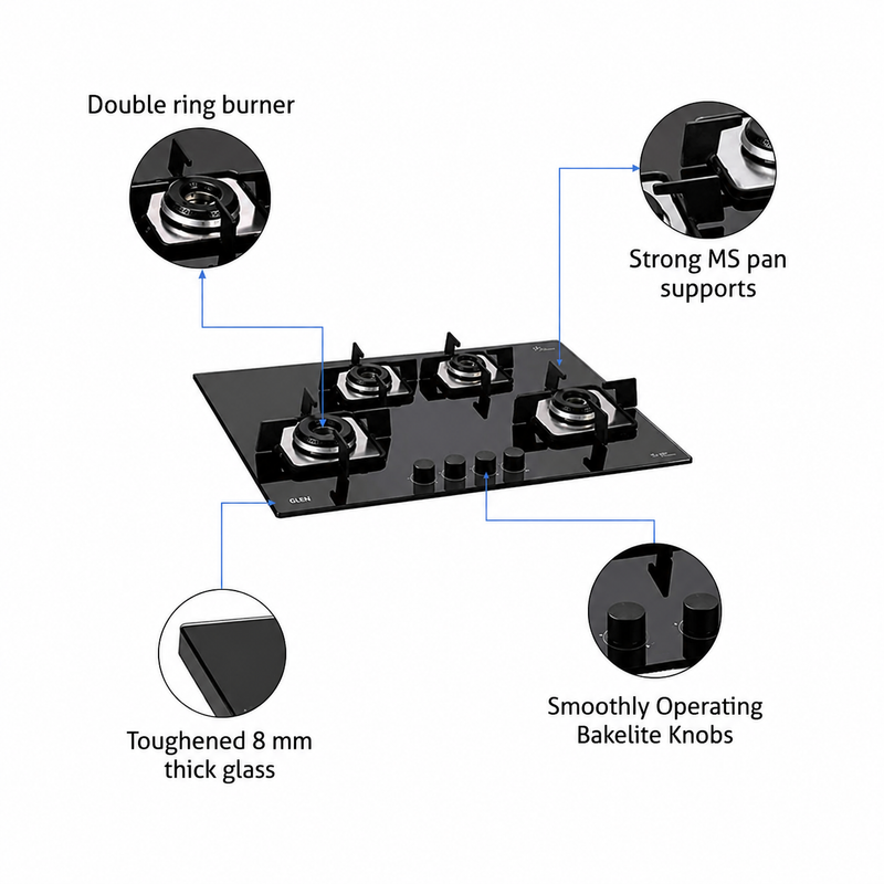 4 Burner Built-in Glass Gas Hob with Italian Double Ring Burner Auto Ignition (1074 SQ IN)