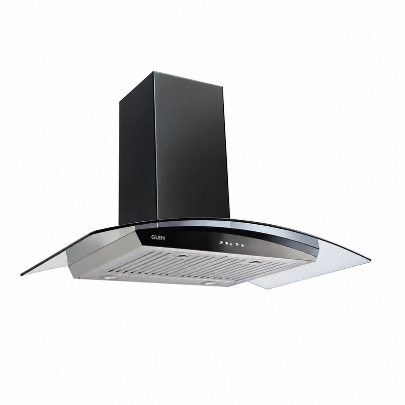 Kitchen Chimney Curved Glass, Push Buttons Baffle filter 90cm 1250 m3/h -Silver with Black Hood (6071 GF)