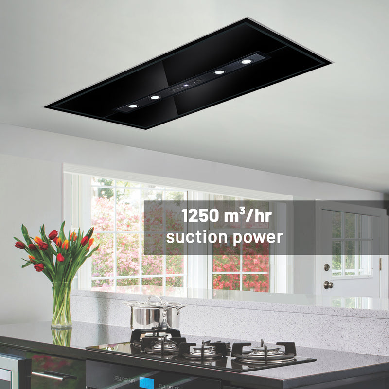 Ceiling Mounted Kitchen Chimney Cassette Island Remote Control 95/120cm 1250 m3/h with Baffle Filters -Black (CH1010INCS)