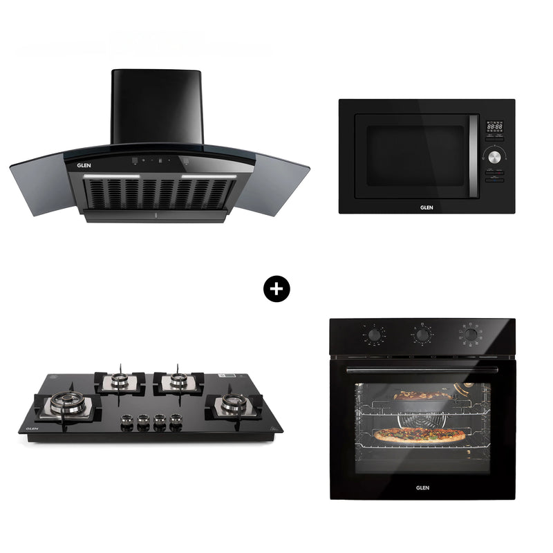 Built-In-Oven 651 MR+Turbo Black (BO-651MRTBL) + Glen Built-In-Microwave Black 25L (MO-674BL) + Built in Hob (BH1094XLSQHTDBTR) + Filterless Auto Clean Chimney (CH6058DIBLAC90)