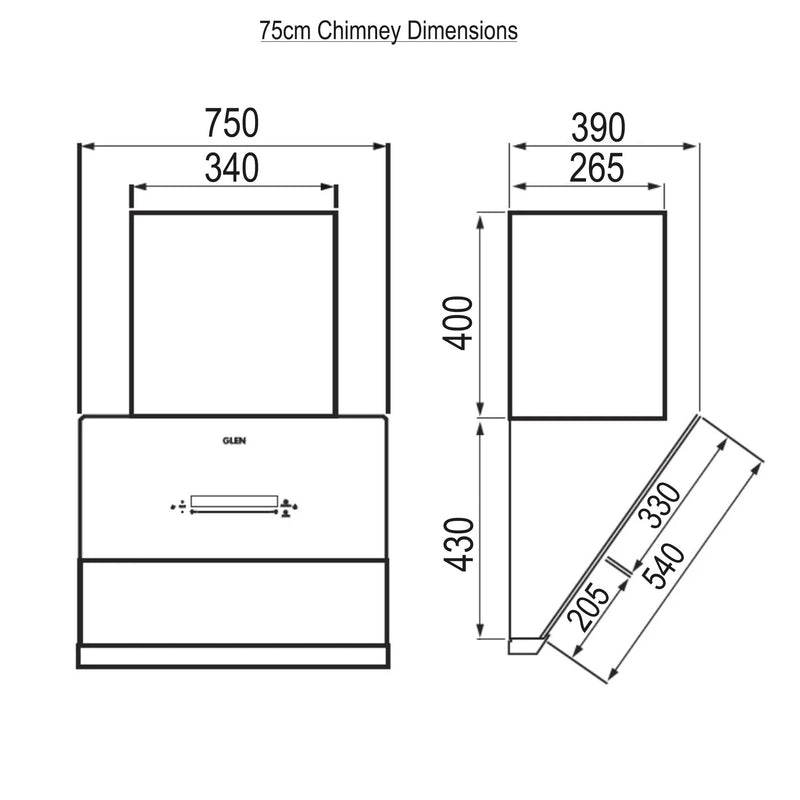 Auto Clean Glass Filterless Chimney with Inverter Technology, BLDC Motor 60/75/90cm 1600 m3/h -Black (6074 AC)