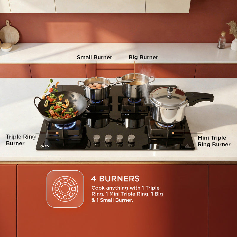 4 Burner DFVS XL Glass Hob with 2 Triple Ring Forged Brass Burners Auto Ignition (BH1094XLDFHT2TR)