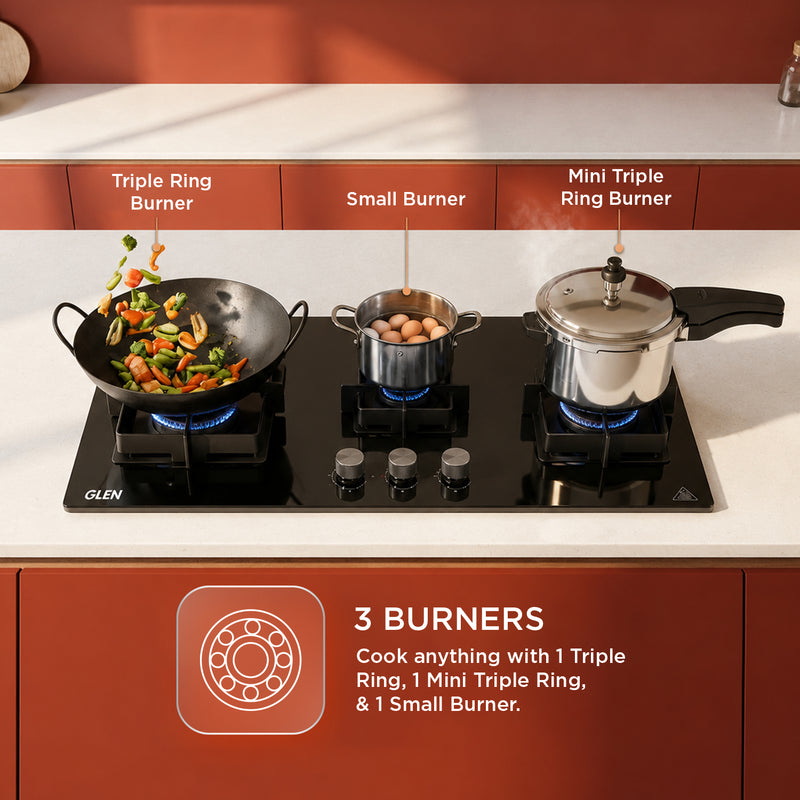 3 Burner DFVS XL Glass Hob with 2 Triple Ring Forged Brass Burners Auto Ignition (BH1093XLDFHT2TR)