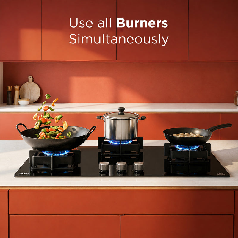 3 Burner DFVS Glass Hob with 2 Triple Ring Forged Brass Burners Auto Ignition (BH1073DFHT2TR77)