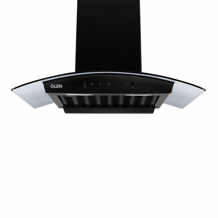 Front View of Auto Clean Curved Glass Filter less Kitchen Chimney 