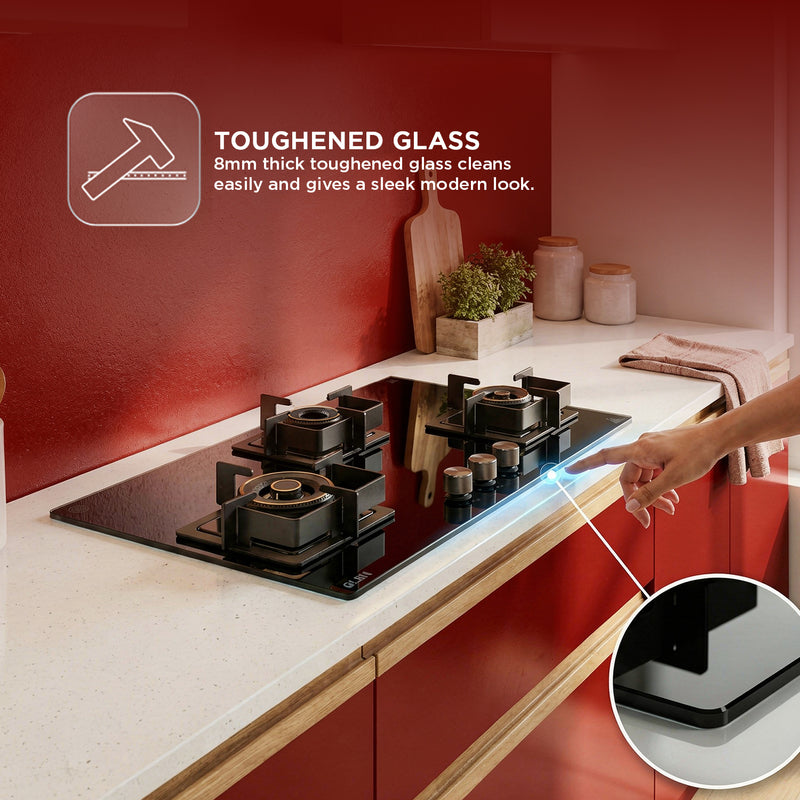 3 Burner DFVS Glass Hob with 2 Triple Ring Forged Brass Burners Auto Ignition (BH1073DFHT2TR77)