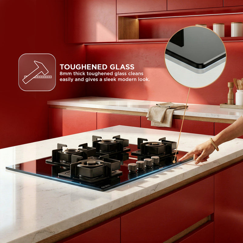 4 Burner DFVS XL Glass Hob with 2 Triple Ring Forged Brass Burners Auto Ignition (BH1094XLDFHT2TR)