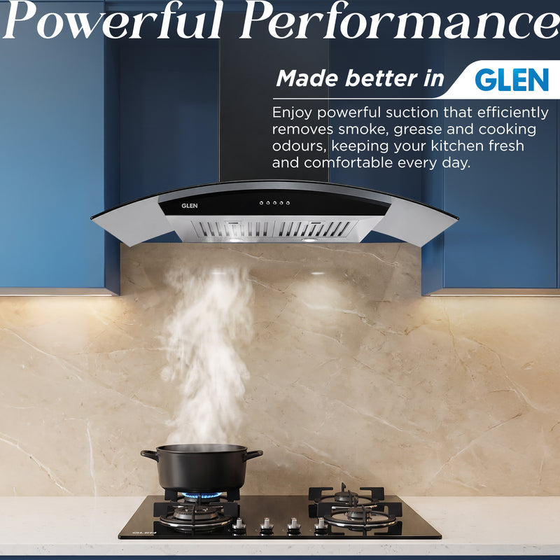 Kitchen Chimney Curved Glass, Push Buttons Baffle filter 90cm 1250 m3/h -Silver with Black Hood (6071 GF)