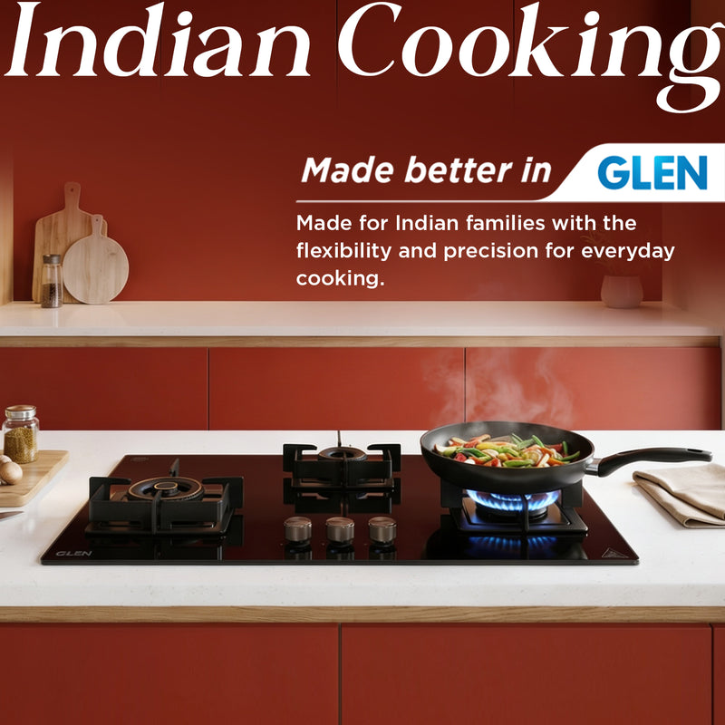 3 Burner DFVS XL Glass Hob with 2 Triple Ring Forged Brass Burners Auto Ignition (BH1093XLDFHT2TR)