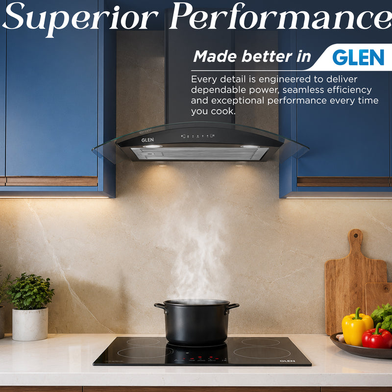 Auto Clean Chimney Curved Glass Baffle Filters with Motion Sensor 60/90cm 1200 m³/h - Black (6063 BL)