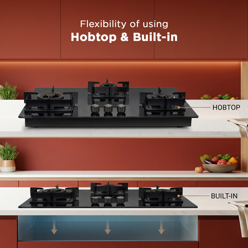 3 Burner DFVS XL Glass Hob with 2 Triple Ring Forged Brass Burners Auto Ignition (BH1093XLDFHT2TR)