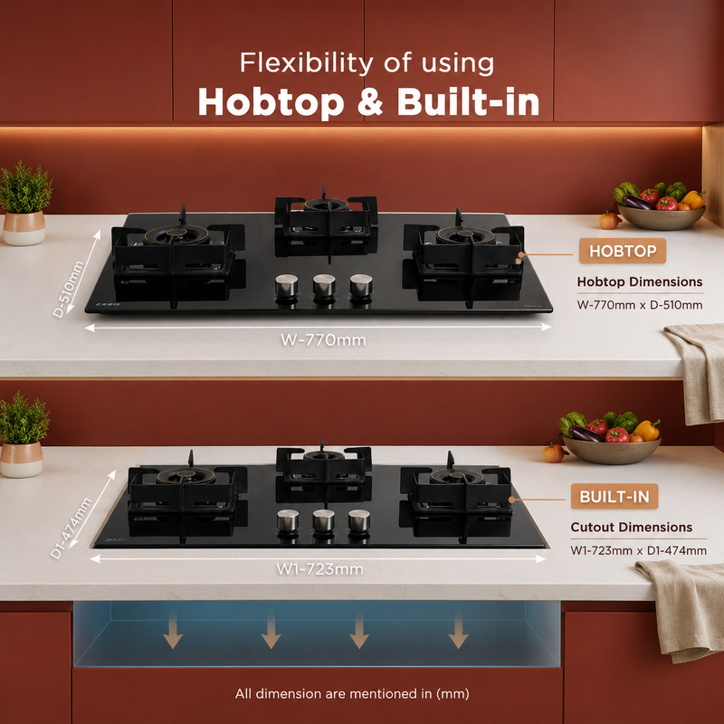 3 Burner DFVS Glass Hob with 2 Triple Ring Forged Brass Burners Auto Ignition (BH1073DFHT2TR77)
