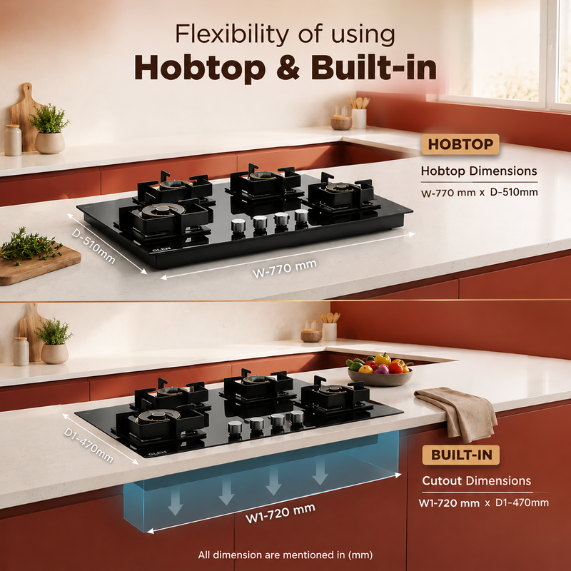 4 Burner DFVS Glass Hob with 2 Triple Ring Forged Brass Burners Auto Ignition (BH1074DFHT2TR77)