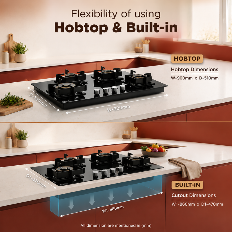4 Burner DFVS XL Glass Hob with 2 Triple Ring Forged Brass Burners Auto Ignition (BH1094XLDFHT2TR)