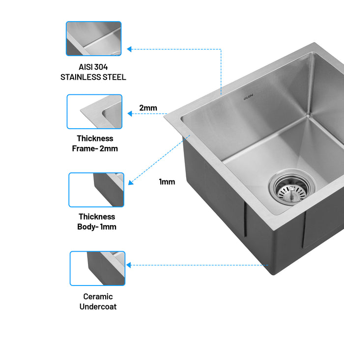 Stainless Steel Grade 304 Sink for Kitchen, Single Bowl Handmade Sink 18x16x9 inches, Matte Finish (KS-SH18169SBM)