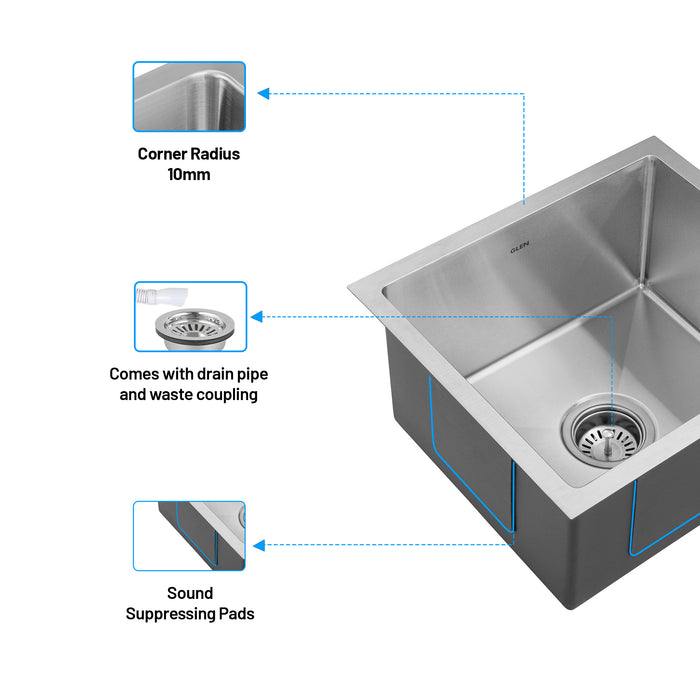 Stainless Steel Grade 304 Sink for Kitchen, Single Bowl Handmade Sink 18x16x9 inches, Matte Finish (KS-SH18169SBM)