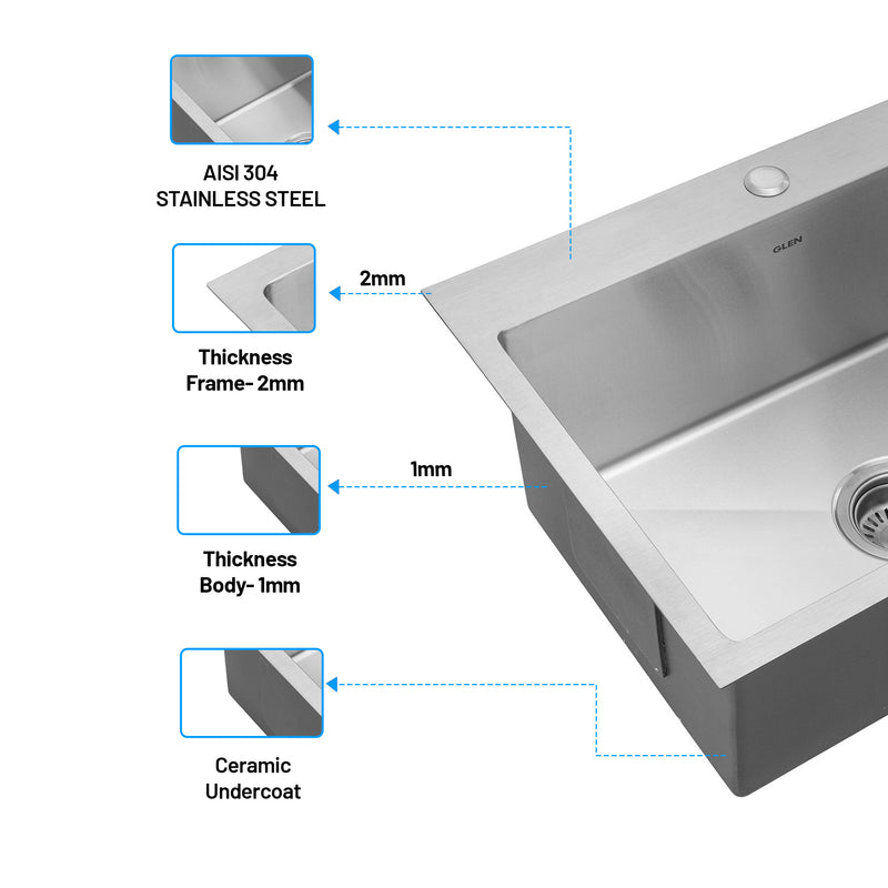 Stainless Steel Grade 304 Sink for Kitchen, Single Bowl Handmade Sink with Full Faucet Deck 24x18x9 inches, Matte Finish (KS-SH24189SBFFDM)