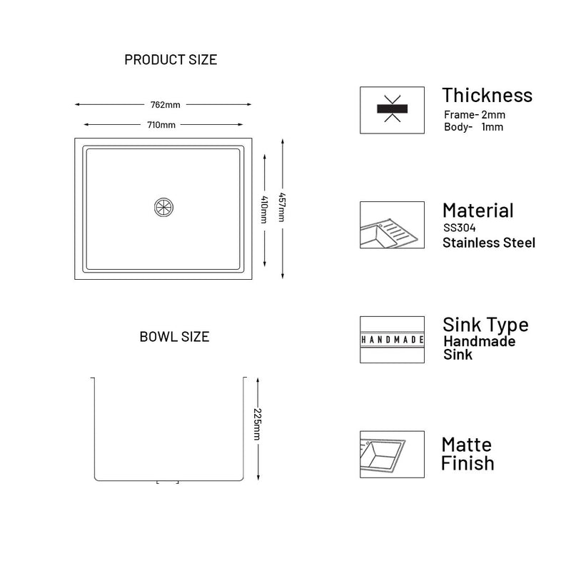 Stainless Steel Grade 304 Sink for Kitchen, Single Bowl Handmade Sink 30x18x9 inches, Matte Finish (KS-SH30189SBM)