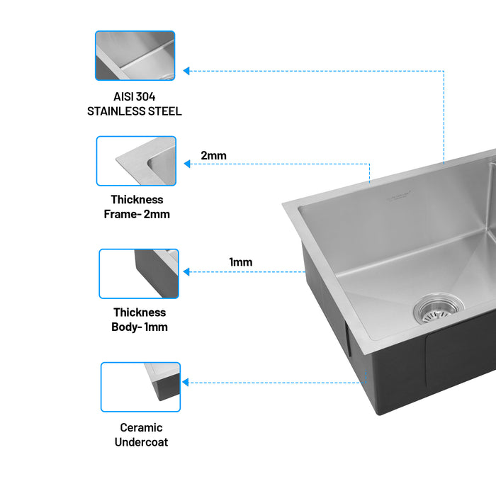 Stainless Steel Grade 304 Sink for Kitchen, Single Bowl Handmade Sink with Side Drain Board 36x20x9 inches, Matte Finish (KS-SH36209SBSDM)