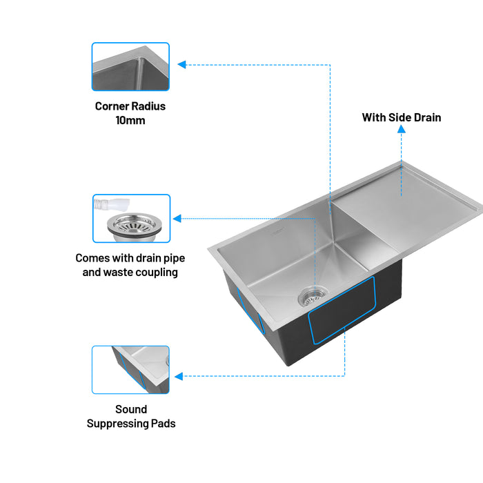 Stainless Steel Grade 304 Sink for Kitchen, Single Bowl Handmade Sink with Side Drain Board 36x20x9 inches, Matte Finish (KS-SH36209SBSDM)