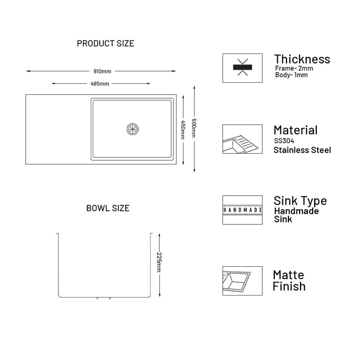 Stainless Steel Grade 304 Sink for Kitchen, Single Bowl Handmade Sink with Side Drain Board 36x20x9 inches, Matte Finish (KS-SH36209SBSDM)