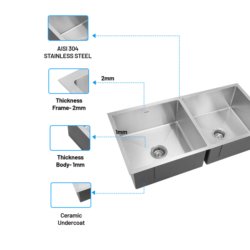 Stainless Steel Grade 304 Sink for Kitchen, Double Bowl Handmade Sink 37x18x9 inches, Matte Finish (KS-SH37189DBM)