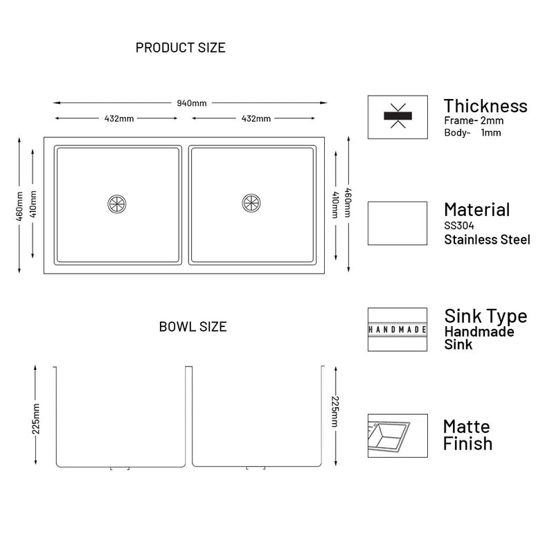 Stainless Steel Grade 304 Sink for Kitchen, Double Bowl Handmade Sink 37x18x9 inches, Matte Finish (KS-SH37189DBM)