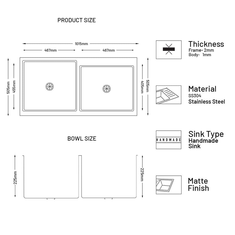 Stainless Steel Grade 304 Sink for Kitchen, Double Bowl Handmade Sink with Half Faucet Deck 40x20x9 inches, Matte Finish (KS-SH40209DBHFDM)