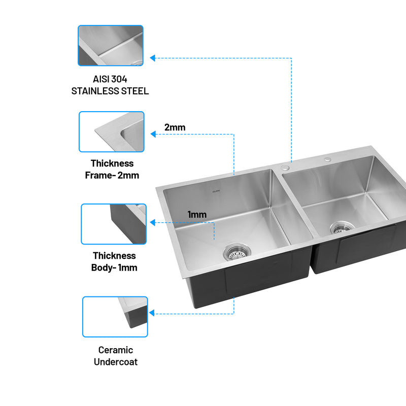 Stainless Steel Grade 304 Sink for Kitchen, Double Bowl Handmade Sink with Half Faucet Deck 32x18x9 inches, Matte Finish (KS-SH32189DBHFDM)