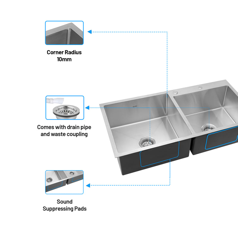 Stainless Steel Grade 304 Sink for Kitchen, Double Bowl Handmade Sink with Half Faucet Deck 32x18x9 inches, Matte Finish (KS-SH32189DBHFDM)