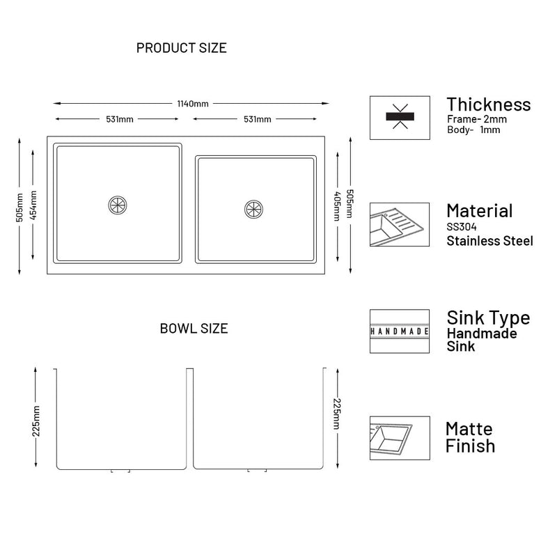 Stainless Steel Grade 304 Sink for Kitchen, Double Bowl Handmade Sink with Half Faucet Deck 45x20x9 inches, Matte Finish (KS-SH45209DBHFDM)