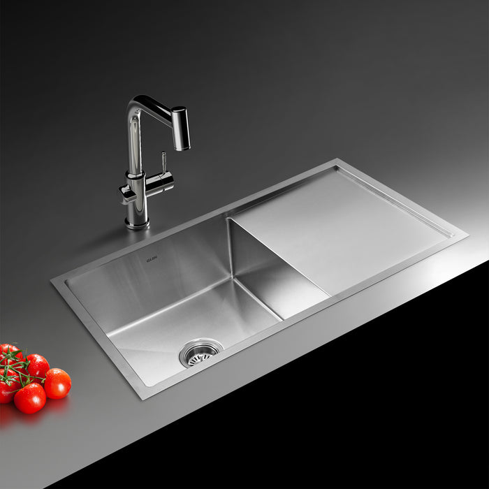 Stainless Steel Grade 304 Sink for Kitchen, Single Bowl Handmade Sink with Side Drain Board 36x20x9 inches, Matte Finish (KS-SH36209SBSDM)