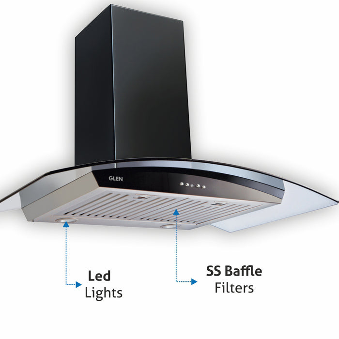 Curved glass Kitchen Chimney with baffle filters and eco-friendly led light