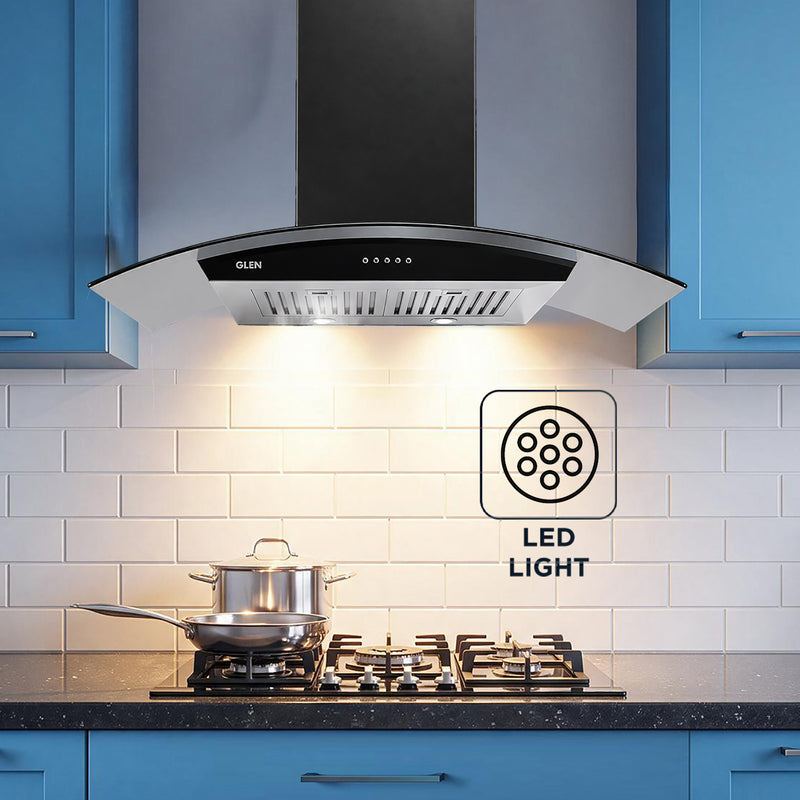 Kitchen Chimney Curved Glass, Push Buttons Baffle filter 90cm 1250 m3/h -Silver with Black Hood (6071 GF)