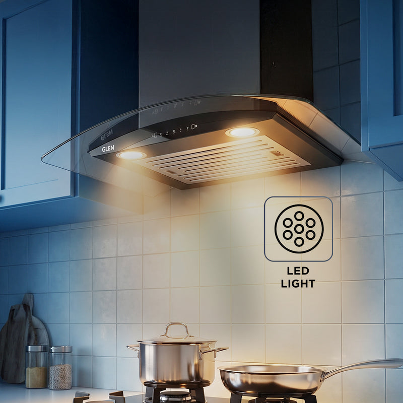 Auto Clean Chimney Curved Glass Baffle Filters with Motion Sensor 60/90cm 1200 m³/h - Black (6063 BL)