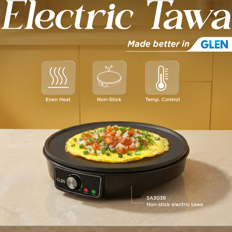 Electric Tawa for Dosa, Chilla 30cm Non-Stick Cooking Plate, Temperature Control - Black (SA3038)